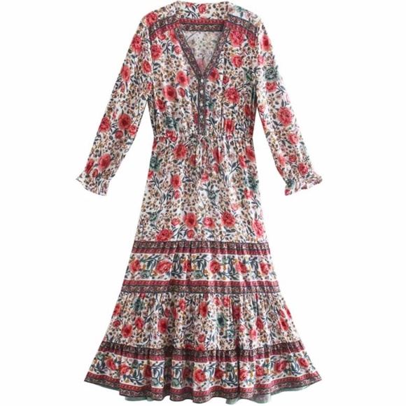 Bohemian floral print ruffle v neck midi Dress Cottage core - Picture 4 of 7